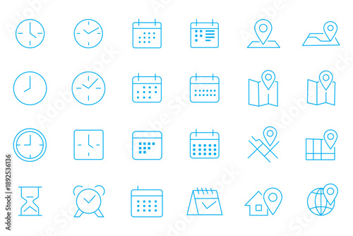 Location, time and date line icons set. Map, clock, calendar, navigation. editable stroke. vector illustration