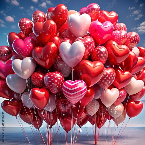 huge bouquet of red heart-shaped balloons. collection of heart-shaped balloons