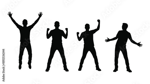 Silhouettes of four people in various celebratory poses arms raised