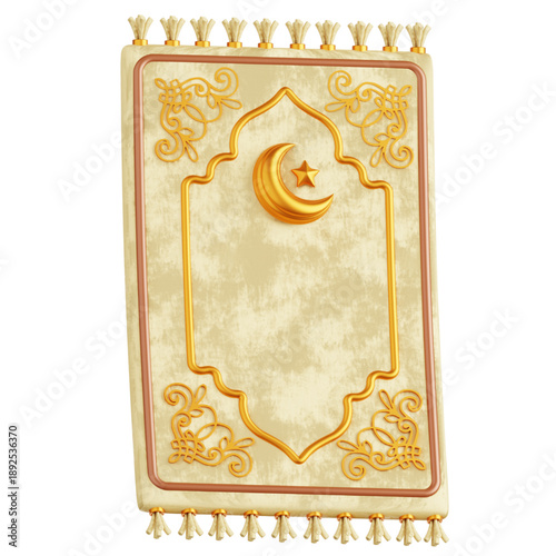 3D Ramadan prayer rug with golden Islamic crescent moon and star emblem, perfect for religious and cultural celebrations