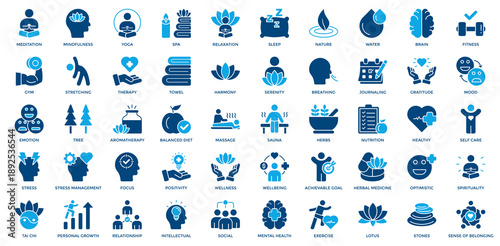 Wellness Icon Set. Containing Meditation, Mindfulness, Yoga, Spa, Relaxation, Sleep, Nature, Water, Brain, Fitness, Gym, Stretching, Therapy Icon. Dual Tone Style