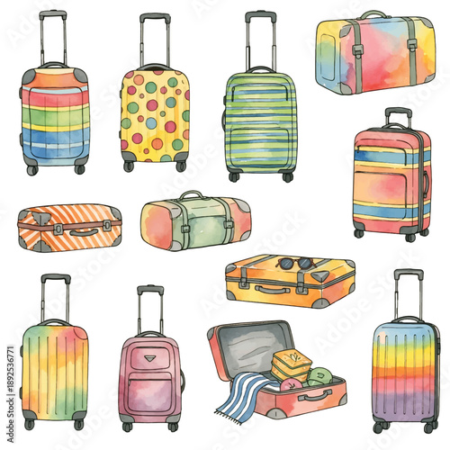 A set of travel suitcases and bags isolated on a clean background, showing different luggage styles for trips, business, and vacations