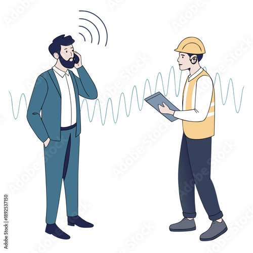 Construction Communication: A stylishly dressed executive communicates via phone with a construction worker wearing a safety helmet and vest.