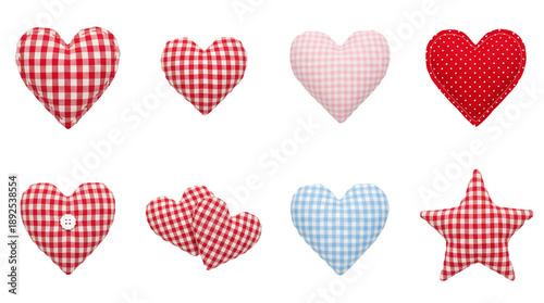 Fabric heart and star set including red, pink, and blue gingham check patterns, polka dots, and button detail isolated. Valentine decoration and handmade craft collection.