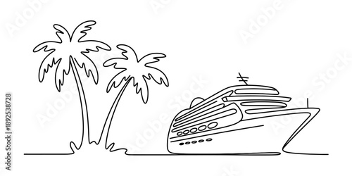Continuous line drawing of a cruise ship near tropical palm trees for vacation Vector, illustration