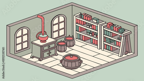 Cozy Alchemy Room: A meticulously designed isometric illustration of a room brimming with vintage charm, featuring a quaint stove, well-stocked bookshelves, and intriguing vessels.