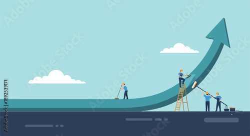 Team diligently cleans and polishes a giant upward-curving arrow, symbolizing sustained business growth, continuous improvement, and collective effort towards achieving success.