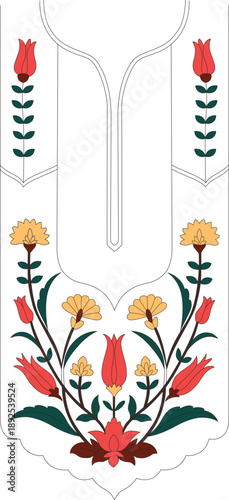 A vector illustration of a traditional Indian/Mughal floral motif neckline or yoke design. Features stylized red and yellow flowers, green leaves, and vines for ethnic textiles, embroidery, or prints