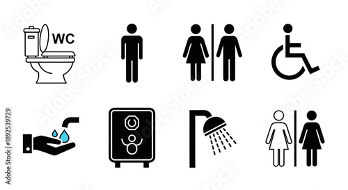 Collection of black silhouette icons representing public restroom facilities