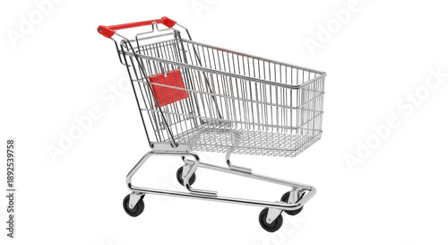 Metal shopping cart PNG isolated on transparent background, grocery trolley for retail and supermarket use
