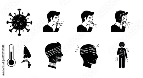 Coronavirus symptoms and prevention coughing fever headache and illness icons