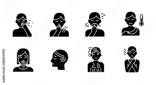 Illustrations depicting various sick people and common illness symptoms