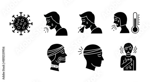 Coronavirus symptoms depicted as black silhouette icons cough fever and headache