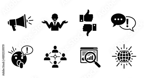 Black silhouette icons depicting communication feedback and global networking