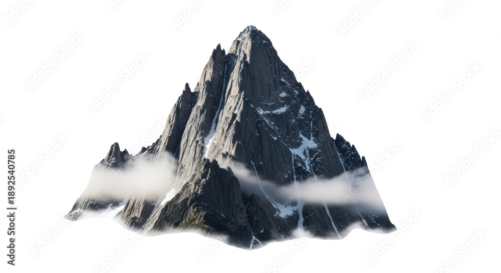 Fototapeta premium Majestic mountain peak with snow isolated PNG, rocky mountain range on transparent background for travel and adventure designs
