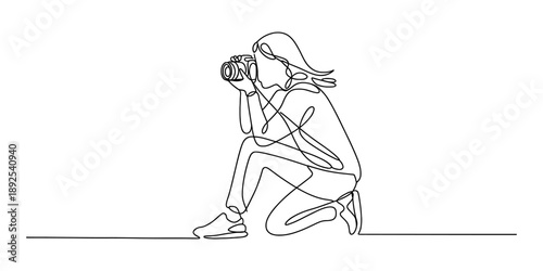 A single line drawing of a person crouching and taking a photo with a camera Vector, illustration