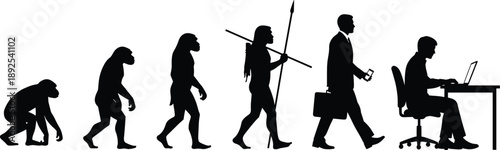 Human Evolution Silhouette from Primate to Modern Worker Depicting Technological Progress, Lifestyle Change, Posture Shift, Societal Development, Digital Era