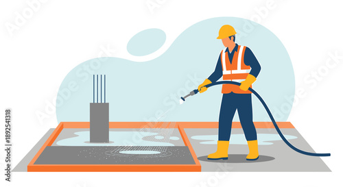 Construction worker applying sealant to concrete foundation.