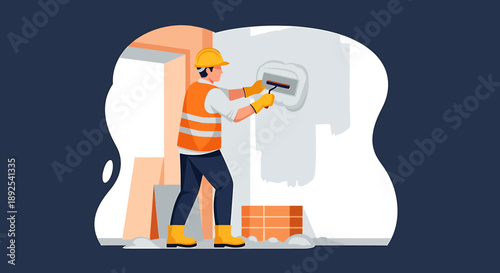 Construction worker applying plaster to a wall during renovation.