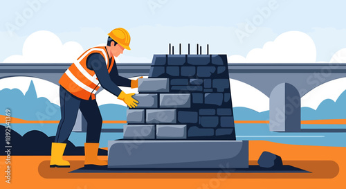 Construction worker building a brick wall on a site.
