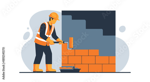 Construction worker building a brick wall with cement.