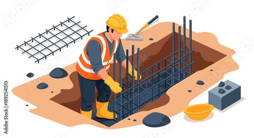 Construction worker building foundation with rebar and concrete elements.