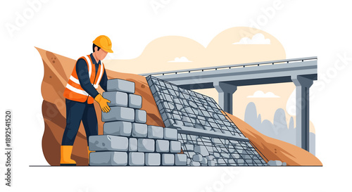 Construction worker building retaining wall near bridge.