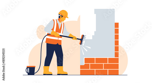Construction worker cleaning brick wall with power washer tool.