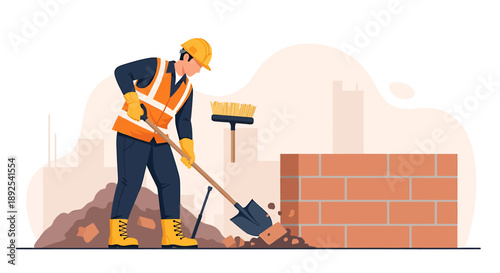 Construction worker digging with shovel near brick wall.