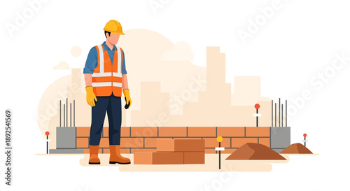 Construction worker in safety vest and hard hat near brick wall.