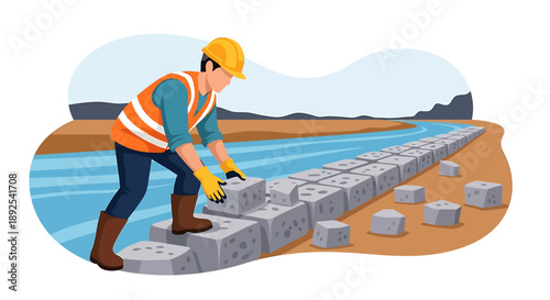 Construction worker laying concrete blocks for river bank protection.