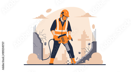 Construction worker operating a jackhammer on a site.