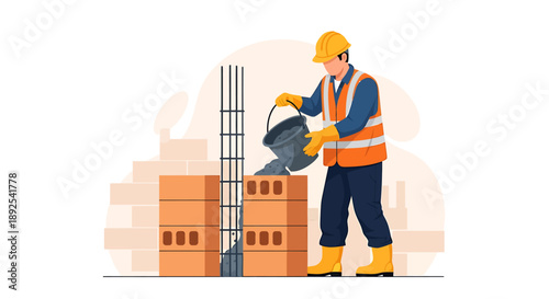 Construction worker pouring cement into brick wall structure.