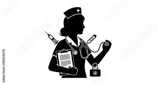 Nurse Silhouette with Medical Tools and Clipboard.