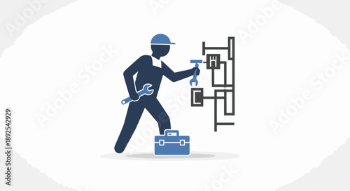 Plumber Worker with Tools and Diagram.