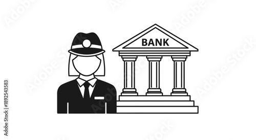 Security Guard Standing Near Bank Building.