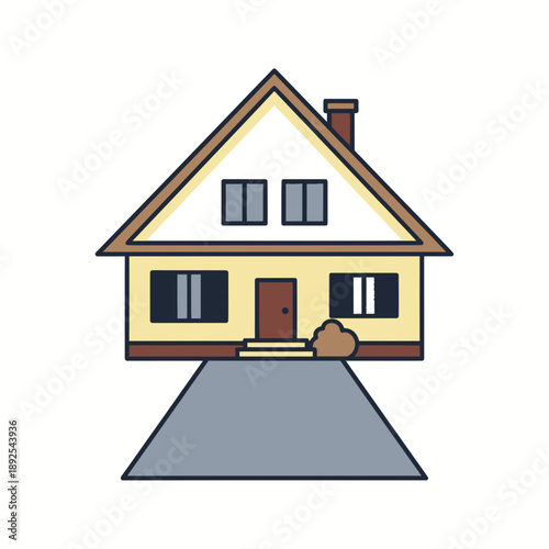 Simple Cartoon House with Driveway and Chimney.