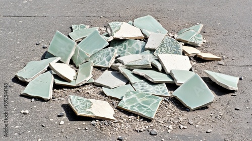 A pile of broken green ceramic tiles scattered on the ground