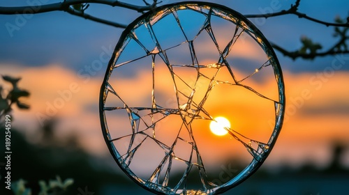 A shattered mirror frame reflects a brilliant sunset sky with fragmented orange light and blue hues visible through the broken glass pieces.