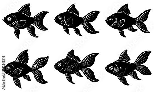 Six black goldfish illustrations swim in different directions on a white background