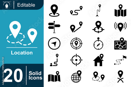 Set of 20 solid editable icons for location, navigation, travel, and map pin symbols for user interface design and web applications