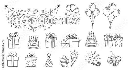 Happy Birthday Doodle Collection: Hand-Drawn Party Icons, Banners, and Cakes Line Art Set