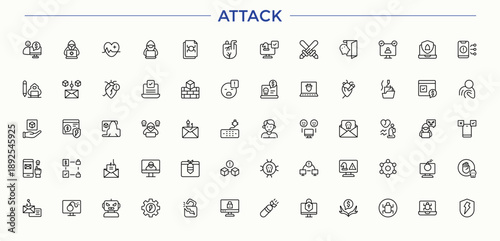 Attack linear icon collection. Vector illustration. Attack modern icon set. Pictograms of hack, security, hacking, fraud, cyber and more.