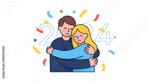 Couple embracing in celebration of 2024 with confetti happy new year festive atmosphere love and joy