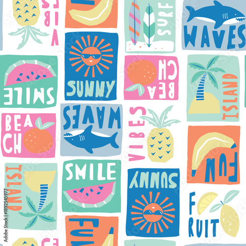 Colorful summer beach seamless pattern illustration with tropical elements