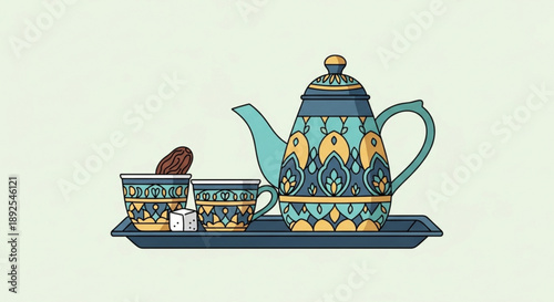 Colorful tea set with teapot cup and chocolate on a tray perfect for breakfast or afternoon tea