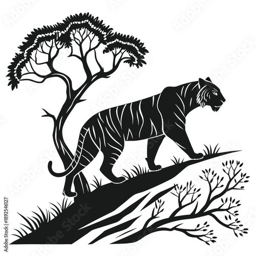 A cartoon tiger resting on a tree branch against a black background, shown as a clean wildlife illustration with bold stripes and a simple silhouette style