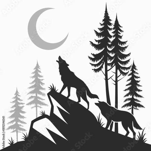 A wild wolf howling at the snowy winter forest landscape silhouette with nature trees and reindeer wildlife in a vector illustration art drawing