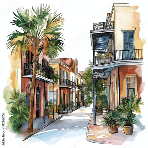 The French Quarter. The French Quarter hand drawn watercolor illustration