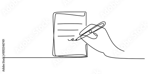 Continuous line art illustration of a hand signing a legal document with a pen Vector, illustration
